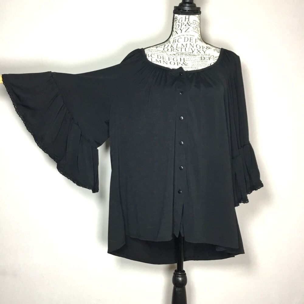 NWT black witchy bell sleeve button down on off shoulder blouse western boho L